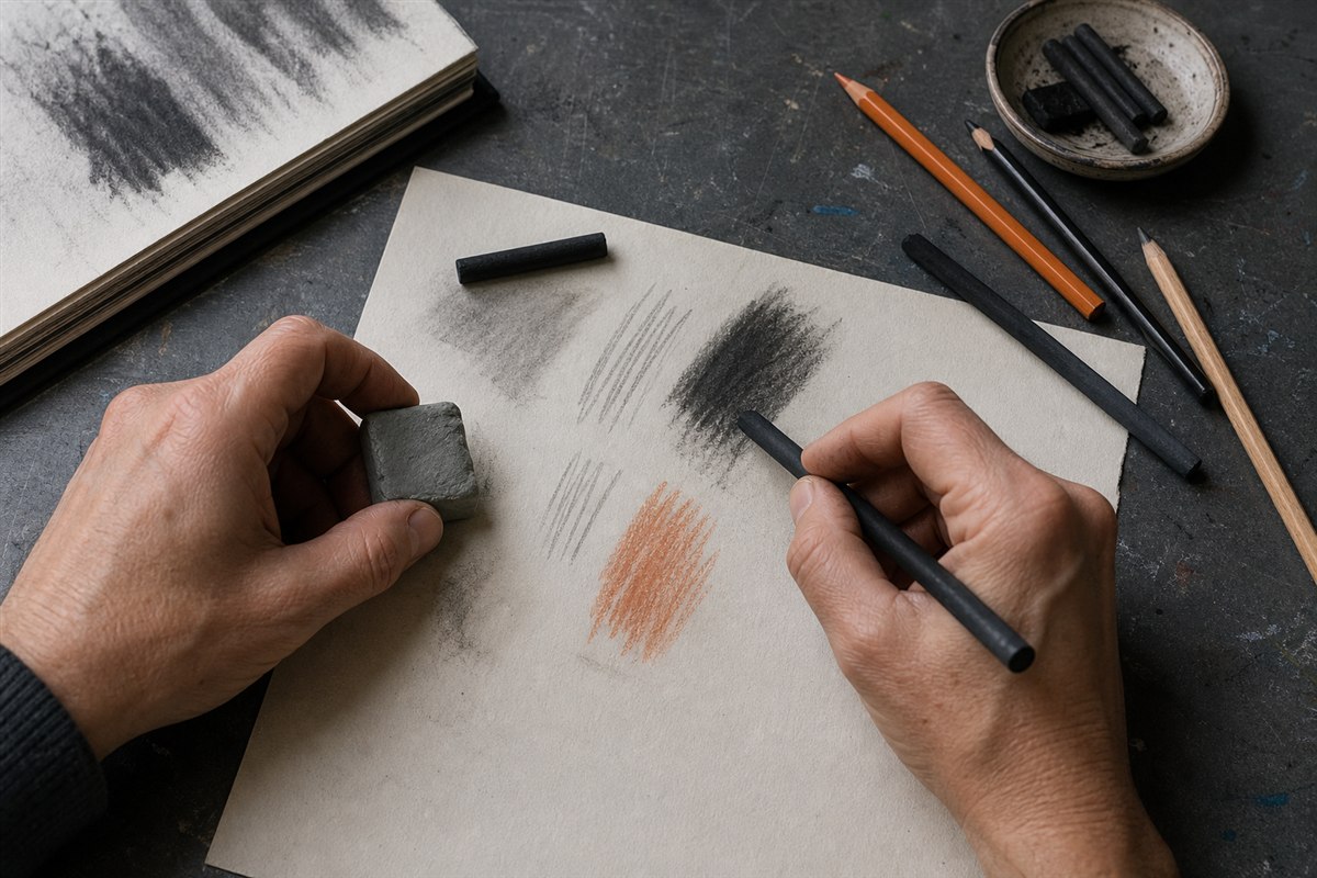 Redactioneel rasterbeeld bij Aquarelpapier kiezen met vier kleine materiaalproeven